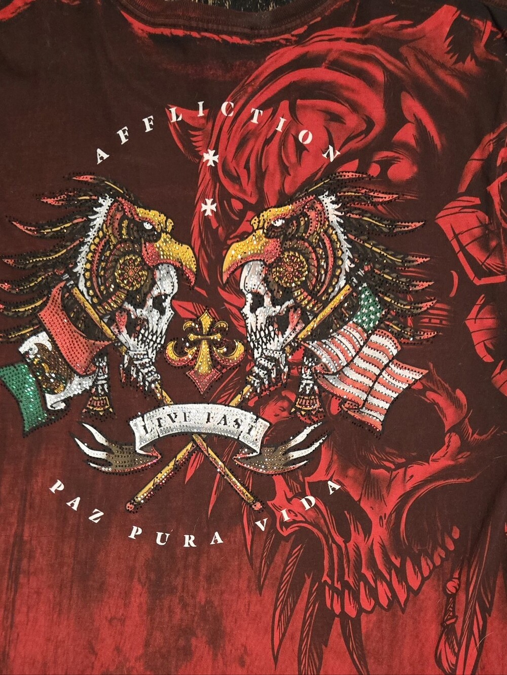 Affliction Black Label Red and Black Graphic Eagle Skull Short-Sleeve Tee